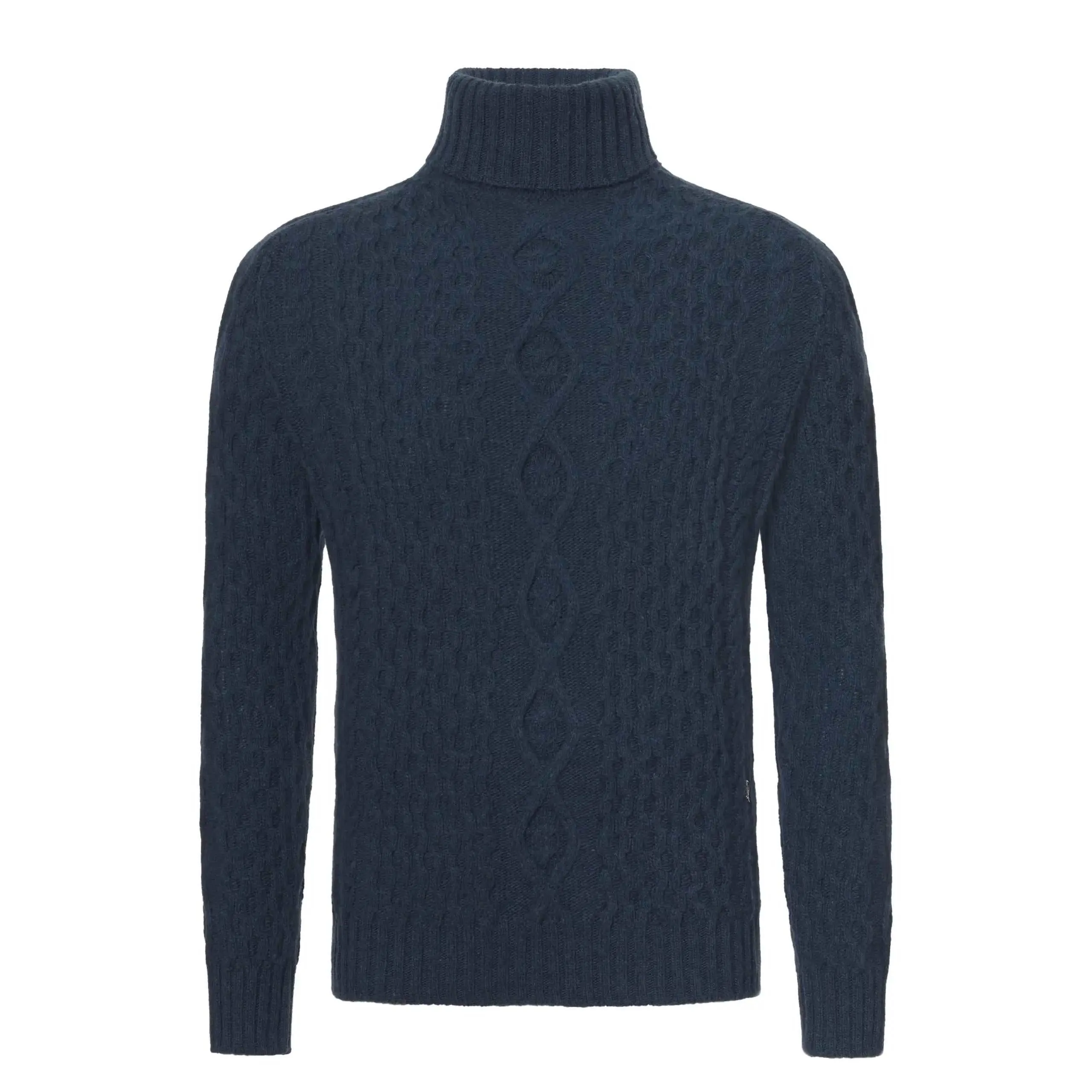 Aran Superfine Wool Ribbed Turtleneck in Blue Melange