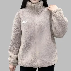 Autumn Winter Women's Solid Turtleneck Letter Embroidery Zipper Long Sleeve Cardigan Flocked Coats Fashion Casual Vintage Tops