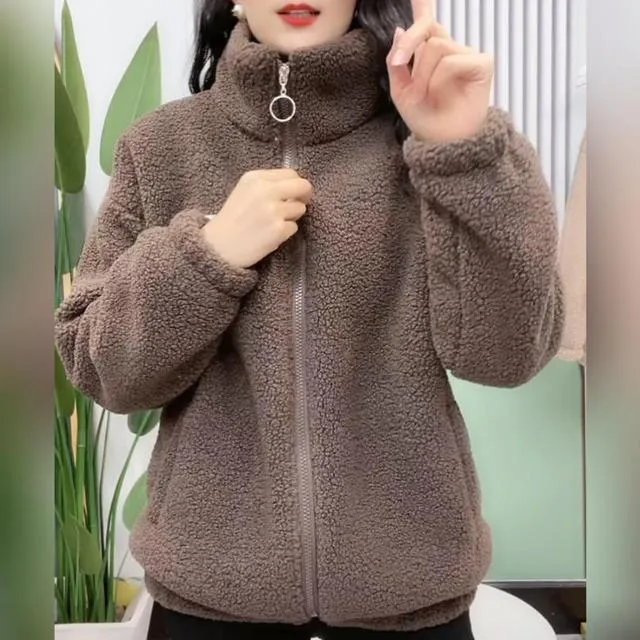 Autumn Winter Women's Solid Turtleneck Letter Embroidery Zipper Long Sleeve Cardigan Flocked Coats Fashion Casual Vintage Tops