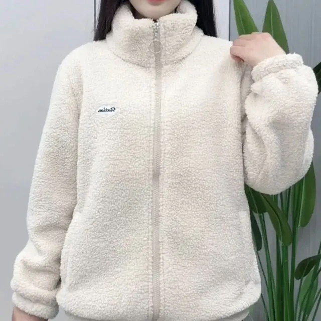Autumn Winter Women's Solid Turtleneck Letter Embroidery Zipper Long Sleeve Cardigan Flocked Coats Fashion Casual Vintage Tops