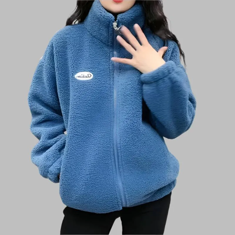Autumn Winter Women's Solid Turtleneck Letter Embroidery Zipper Long Sleeve Cardigan Flocked Coats Fashion Casual Vintage Tops