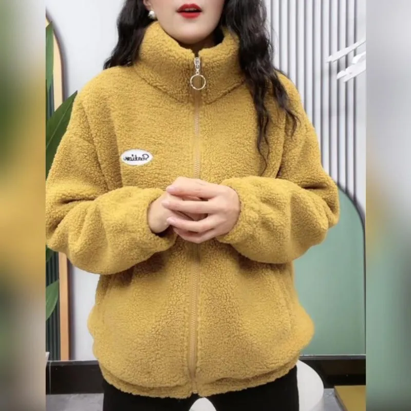 Autumn Winter Women's Solid Turtleneck Letter Embroidery Zipper Long Sleeve Cardigan Flocked Coats Fashion Casual Vintage Tops