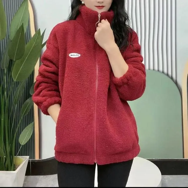 Autumn Winter Women's Solid Turtleneck Letter Embroidery Zipper Long Sleeve Cardigan Flocked Coats Fashion Casual Vintage Tops