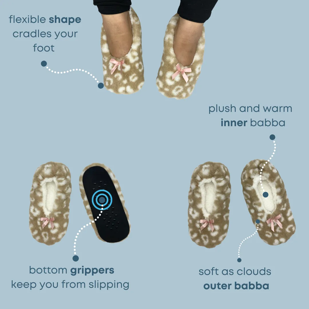 Beige Leopard Print Faux Fur Fuzzy Babba Slipper Sock