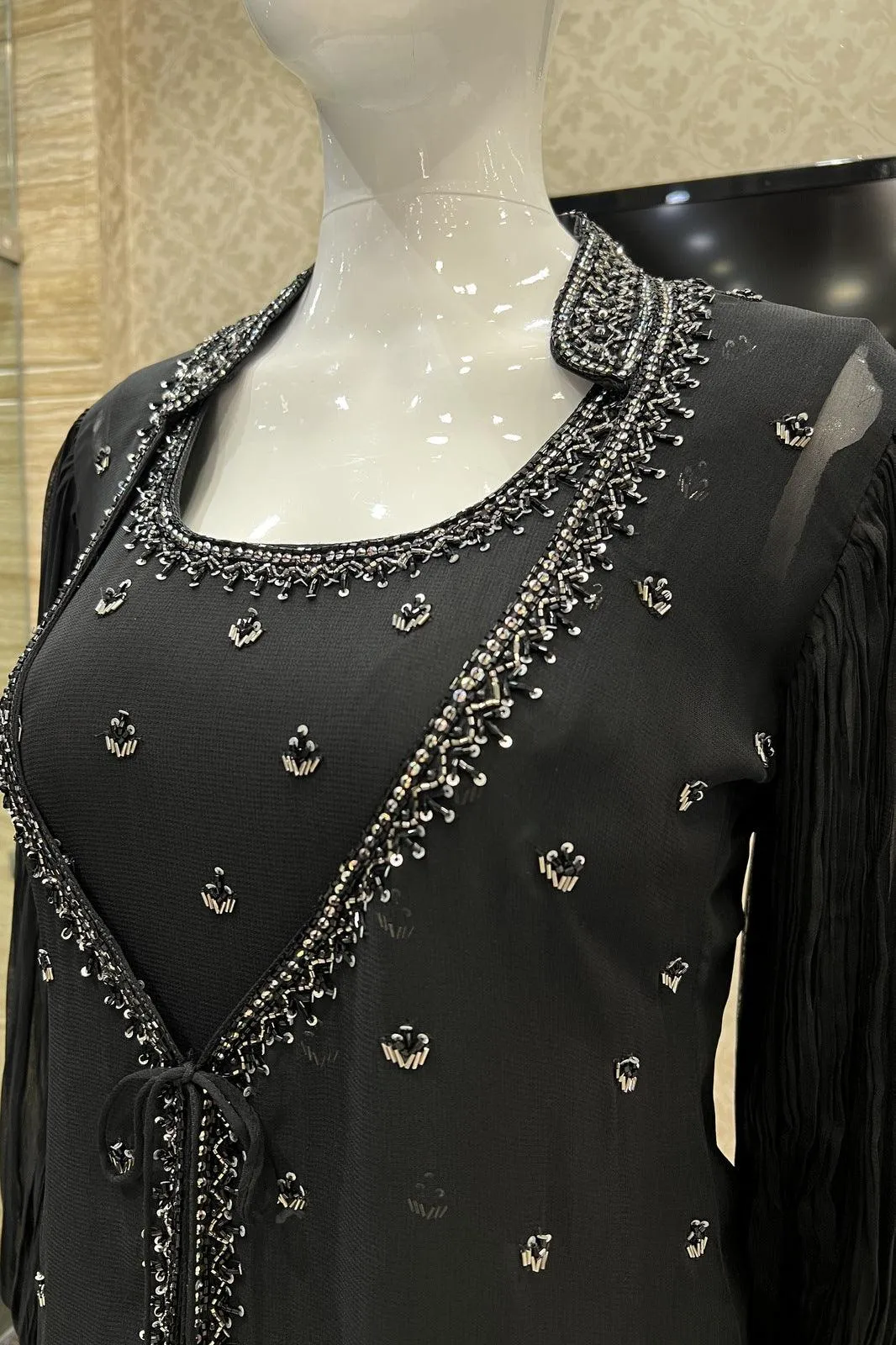 Black Beads and Sequins work Overcoat Styled Floor Length Anarkali Suit