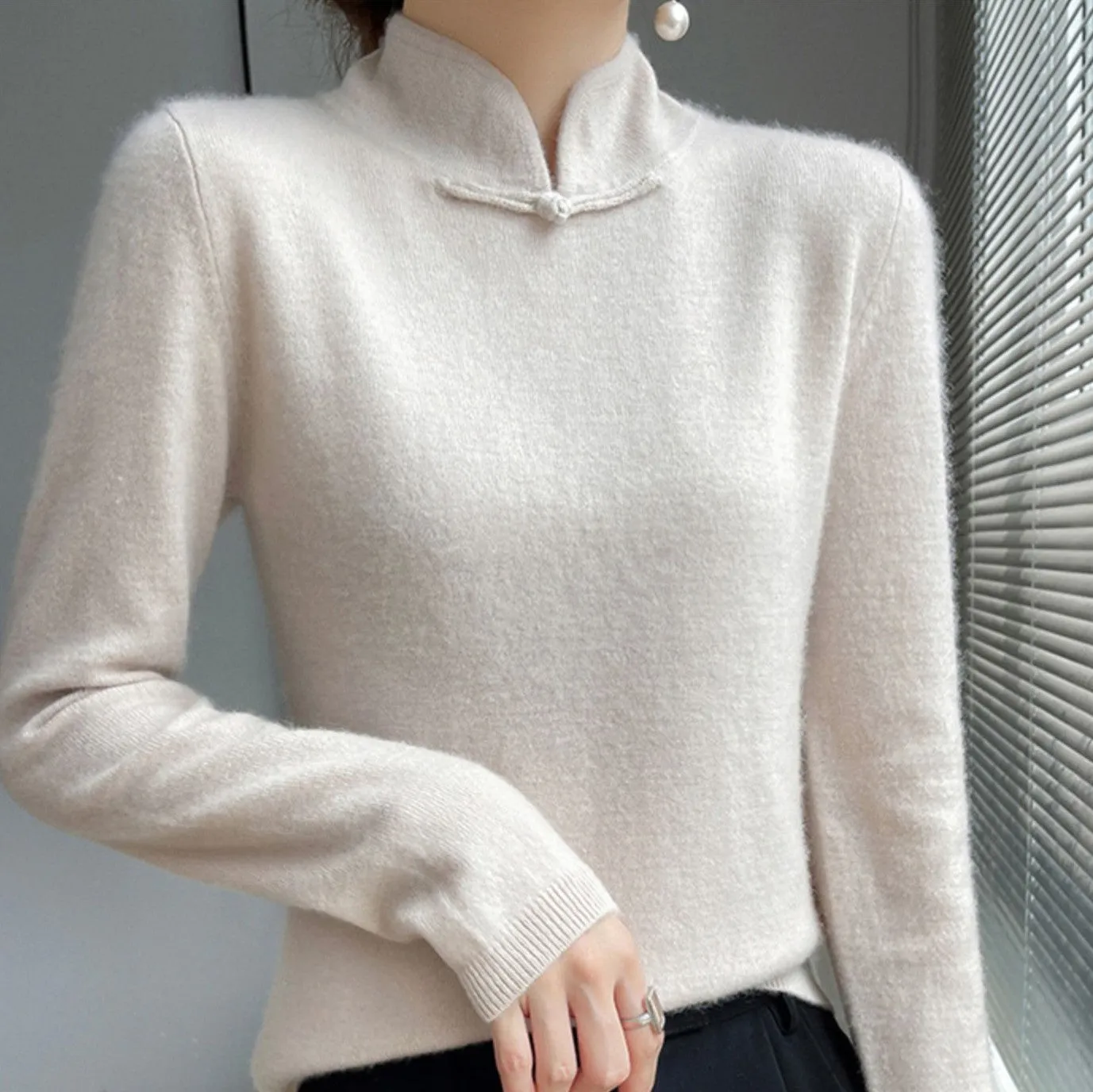 Chinese Qipao Collar Wool Knit Sweater for Stylish Winter Look