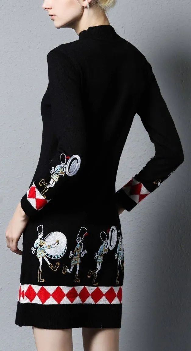 Embroidered Knit Sweater Dress in Black
