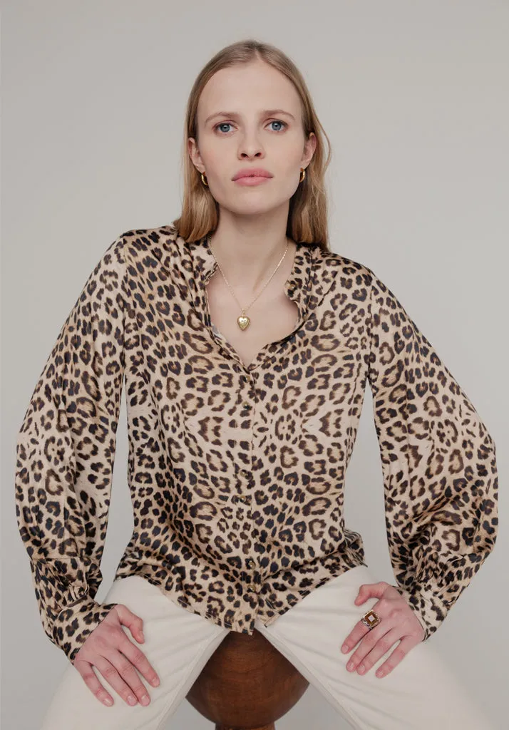 Harlowe Button Front Safari Print Blouse In Brown