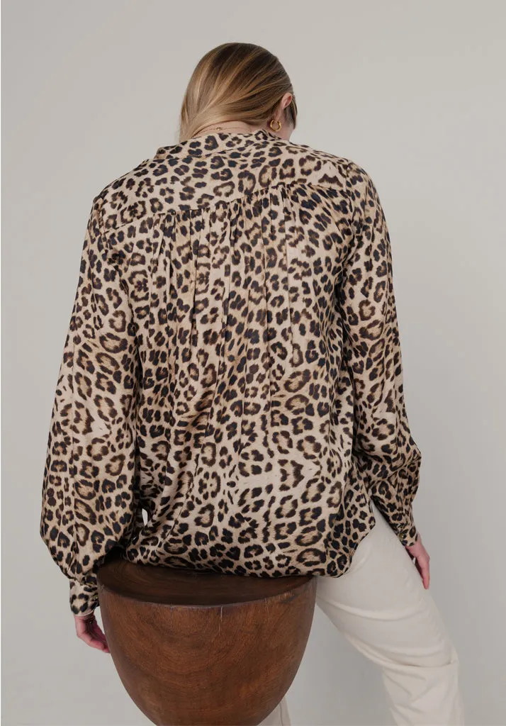Harlowe Button Front Safari Print Blouse In Brown