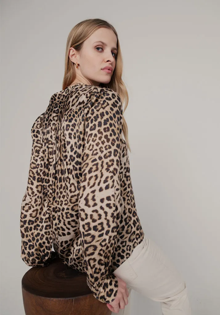 Harlowe Button Front Safari Print Blouse In Brown