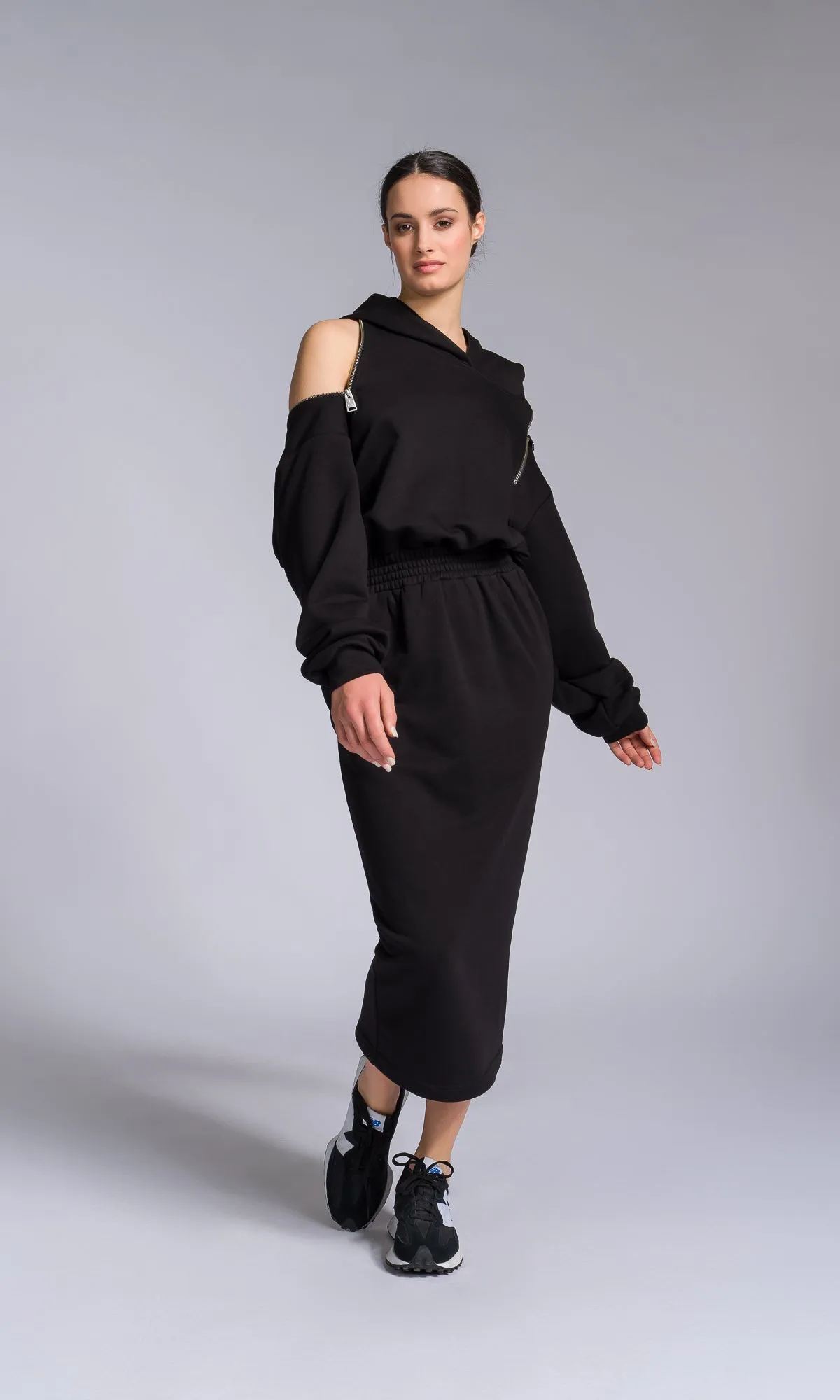 Hooded Cotton Dress with Zippered Shoulders