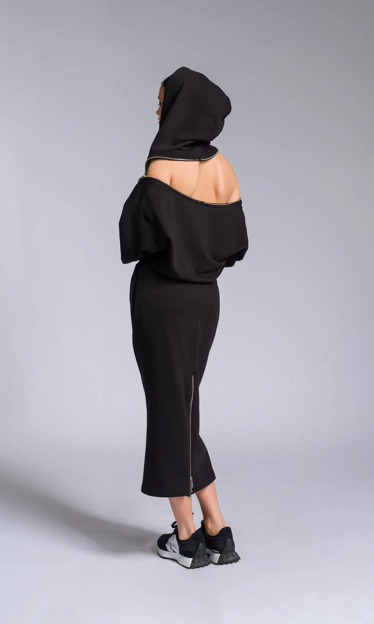Hooded Cotton Dress with Zippered Shoulders