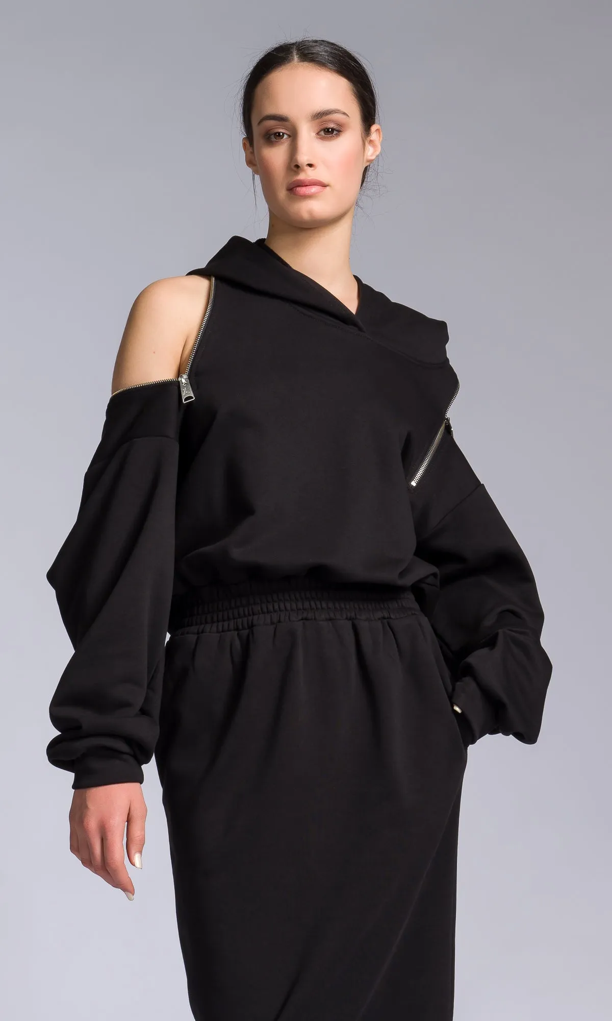 Hooded Cotton Dress with Zippered Shoulders