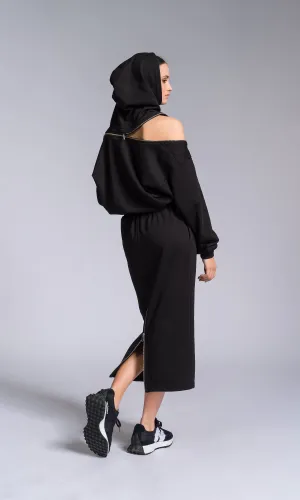 Hooded Cotton Dress with Zippered Shoulders