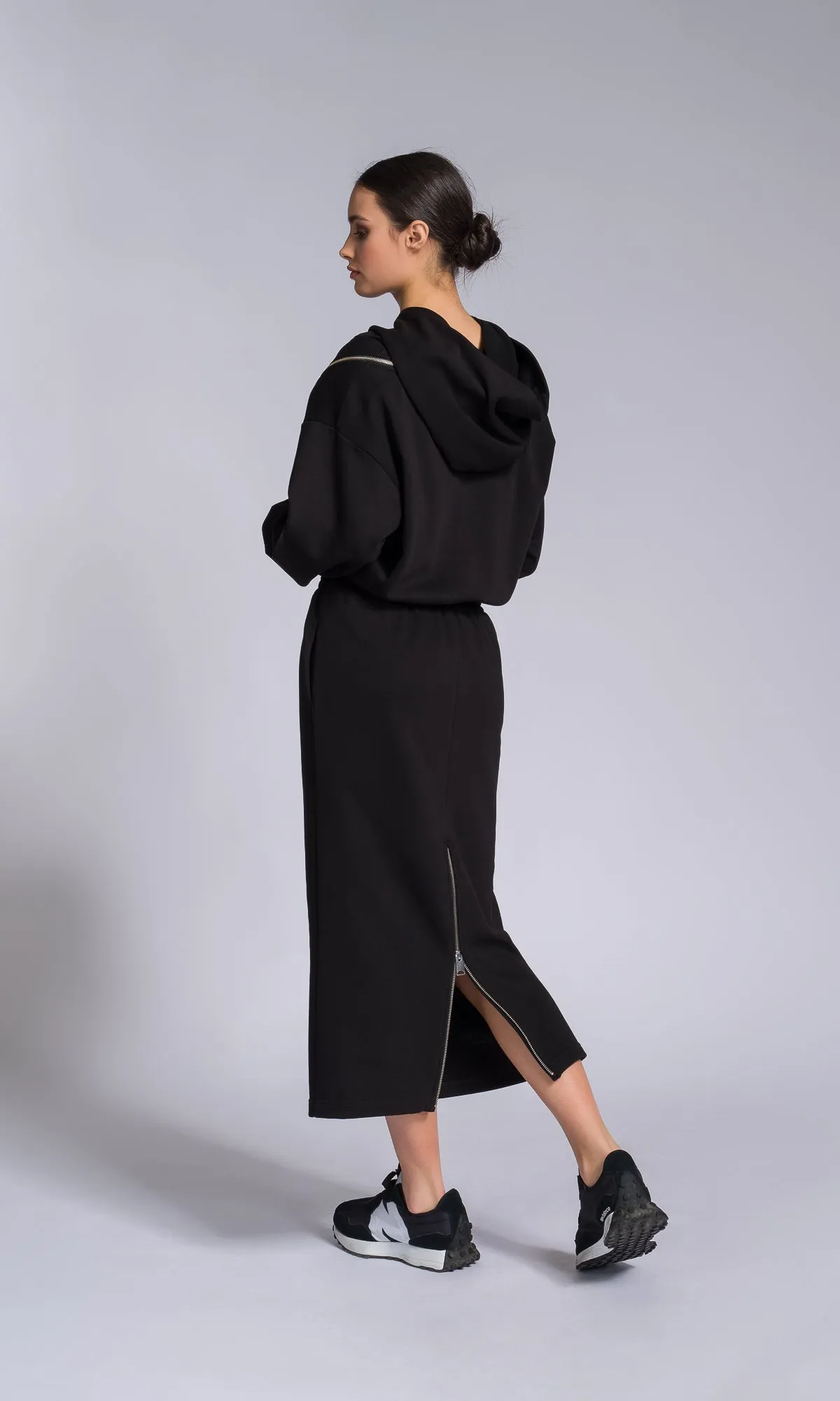 Hooded Cotton Dress with Zippered Shoulders