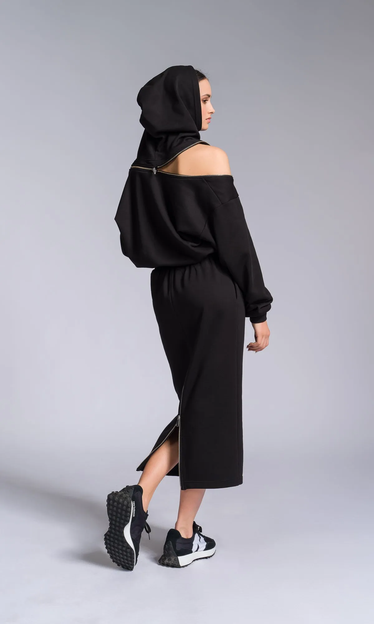 Hooded Cotton Dress with Zippered Shoulders