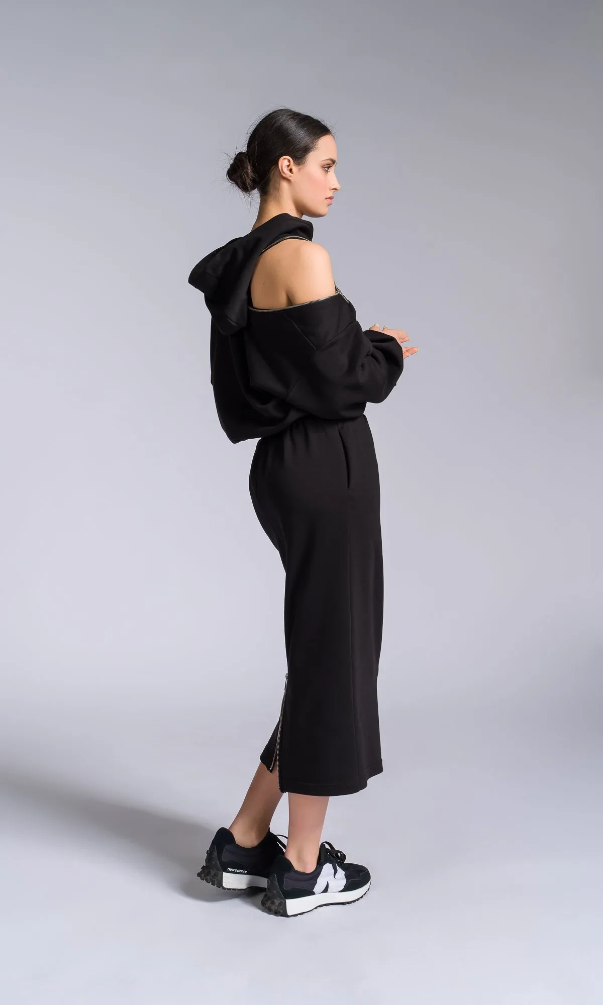 Hooded Cotton Dress with Zippered Shoulders