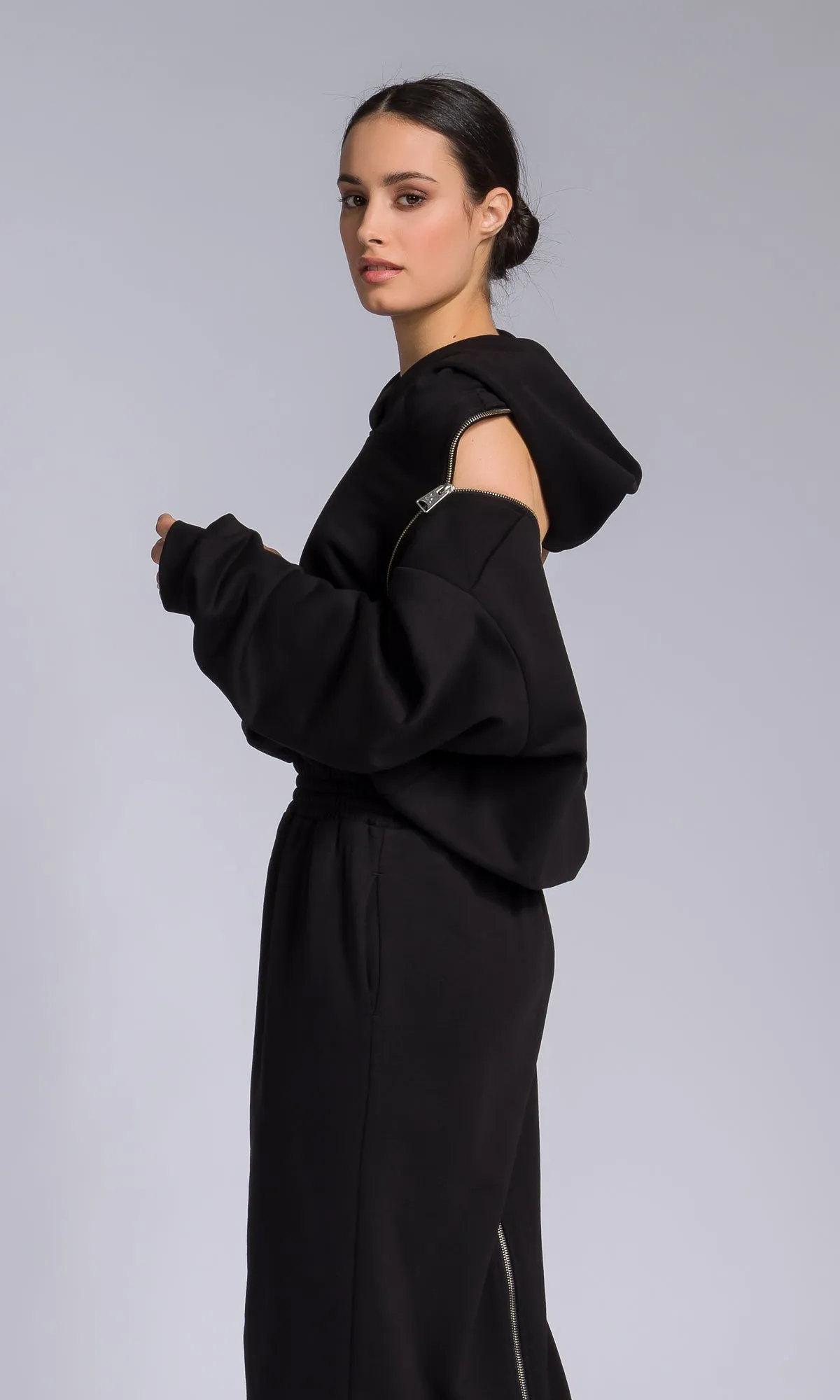 Hooded Cotton Dress with Zippered Shoulders