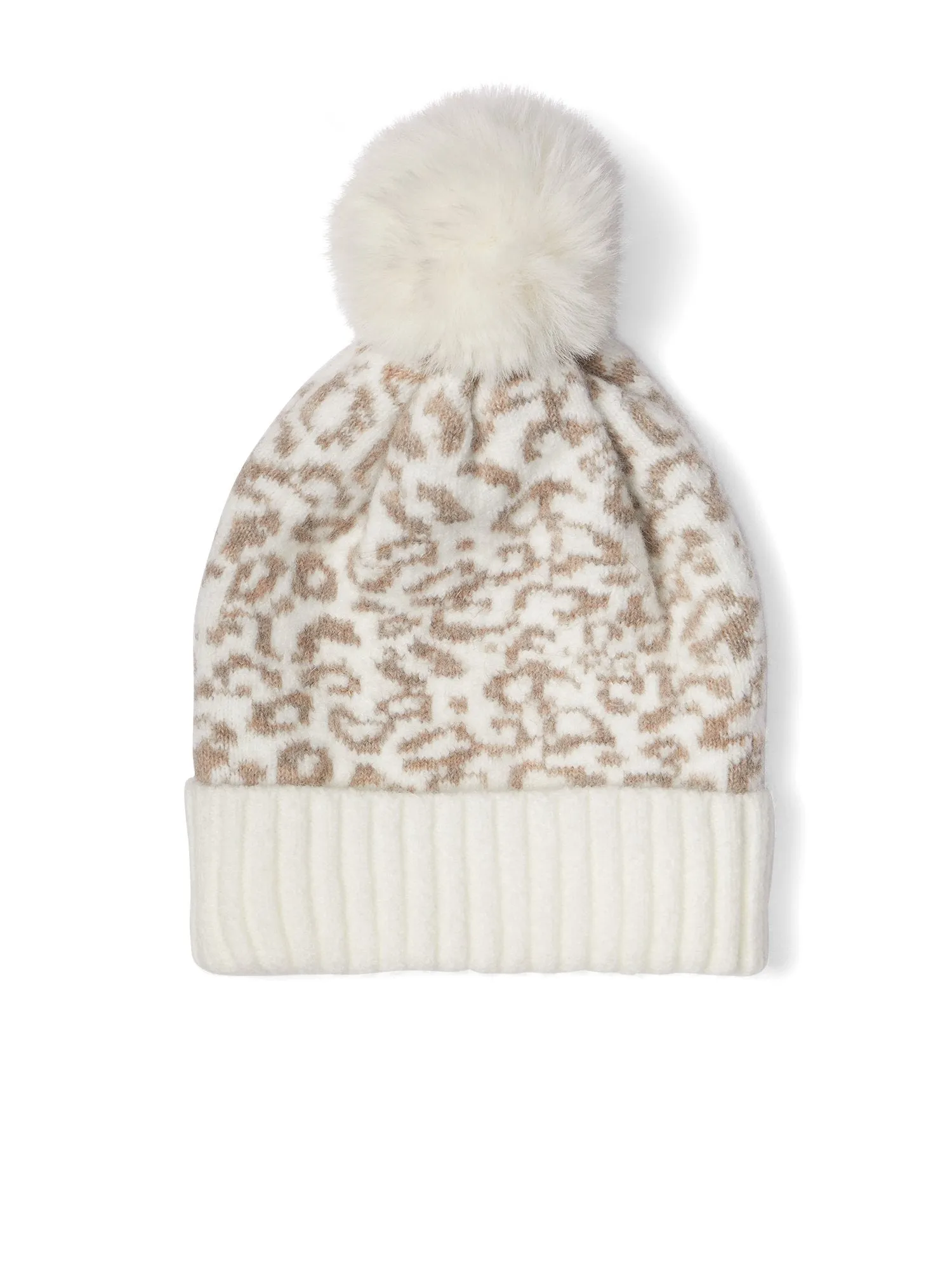 Ivory Leopard-Print Pom-Pom Knit Hat