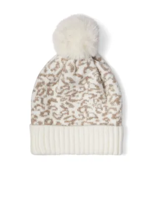 Ivory Leopard-Print Pom-Pom Knit Hat