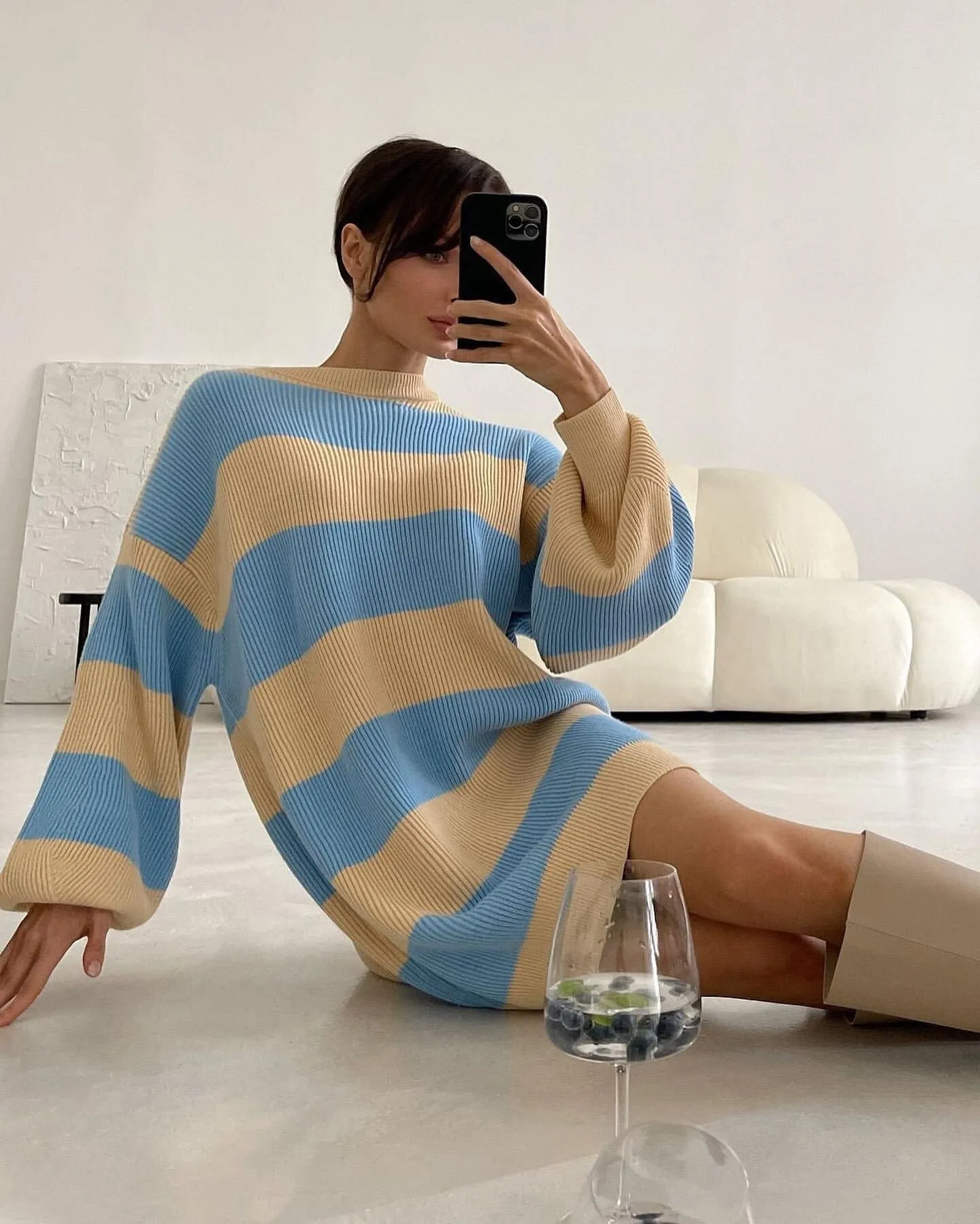 Joskaa Nsauye Casual Winter 2024 Autumn Club Pullover Knitted Women Sweater Jumpers Y2K Oversized Striped Loose Sexy Sweater Dress