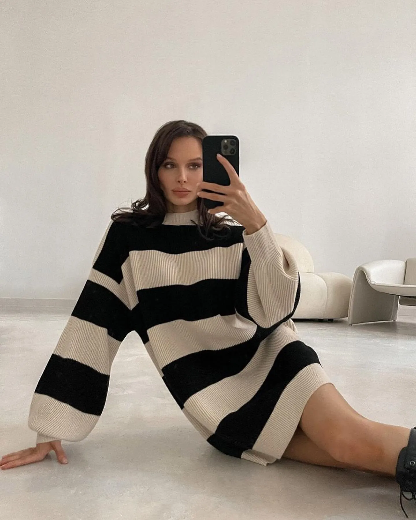 Joskaa Nsauye Casual Winter 2024 Autumn Club Pullover Knitted Women Sweater Jumpers Y2K Oversized Striped Loose Sexy Sweater Dress