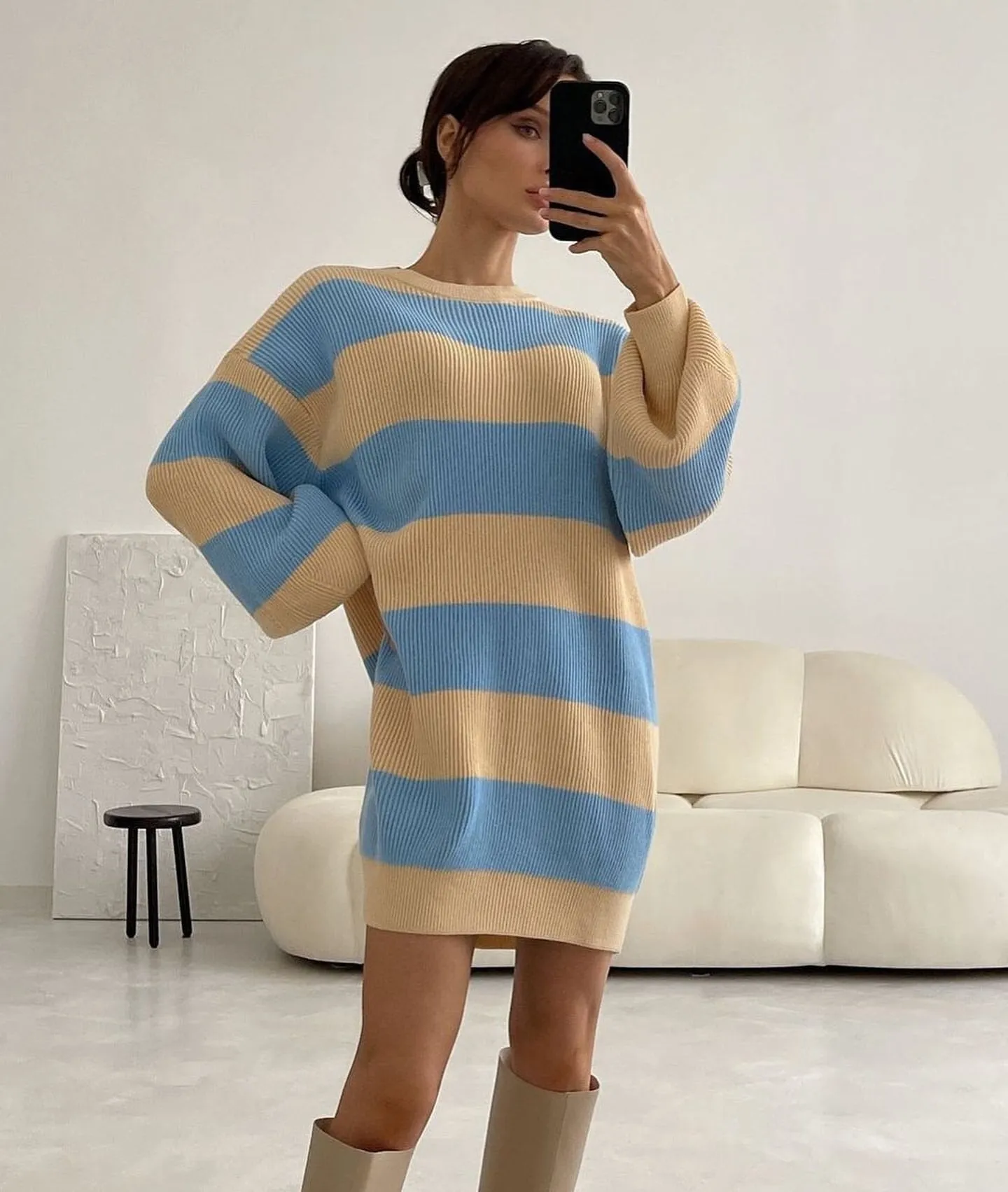 Joskaa Nsauye Casual Winter 2024 Autumn Club Pullover Knitted Women Sweater Jumpers Y2K Oversized Striped Loose Sexy Sweater Dress
