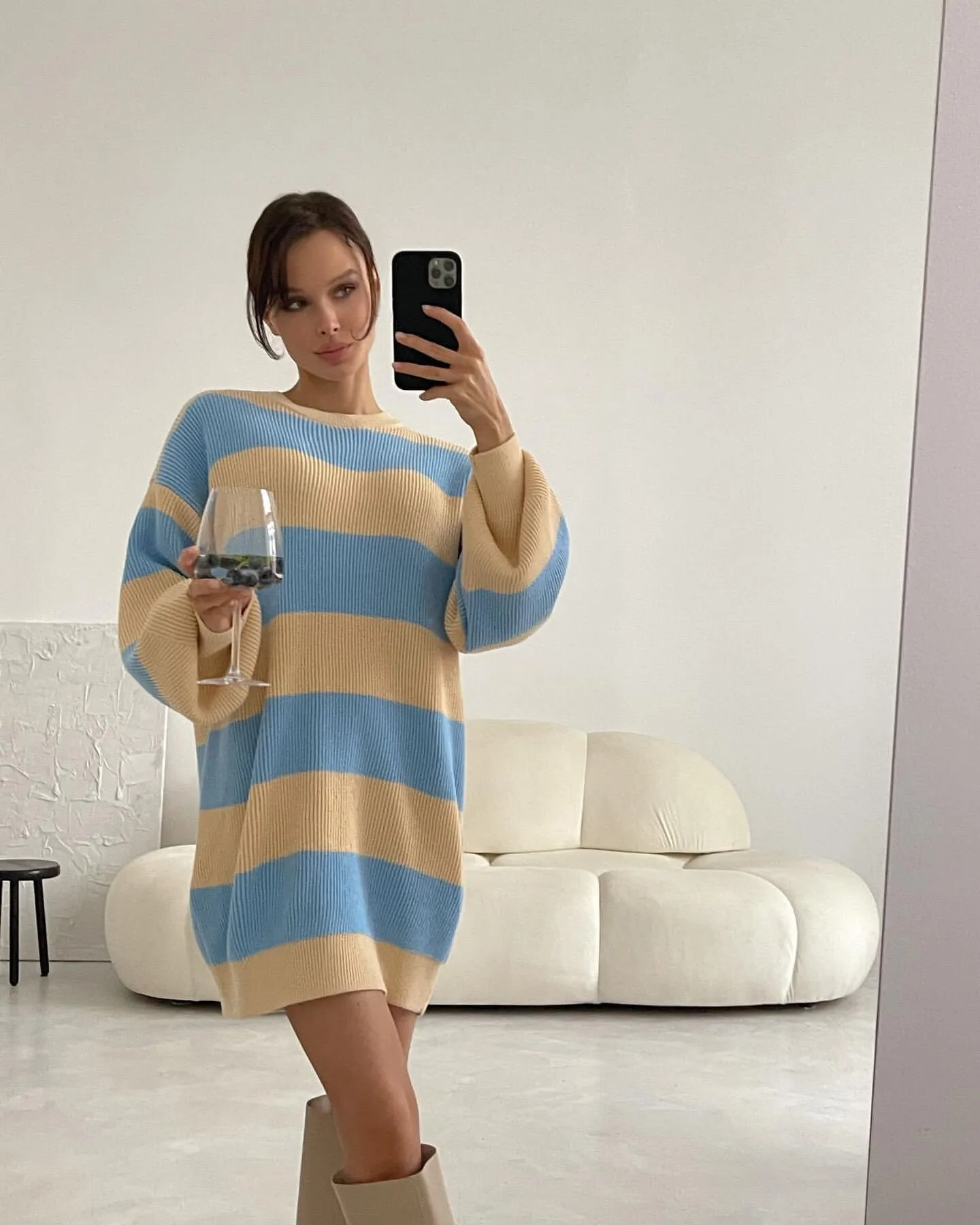 Joskaa Nsauye Casual Winter 2024 Autumn Club Pullover Knitted Women Sweater Jumpers Y2K Oversized Striped Loose Sexy Sweater Dress