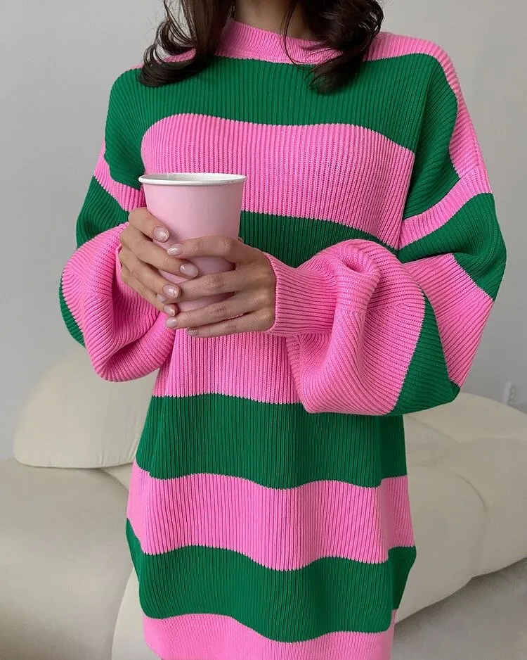 Joskaa Nsauye Casual Winter 2024 Autumn Club Pullover Knitted Women Sweater Jumpers Y2K Oversized Striped Loose Sexy Sweater Dress