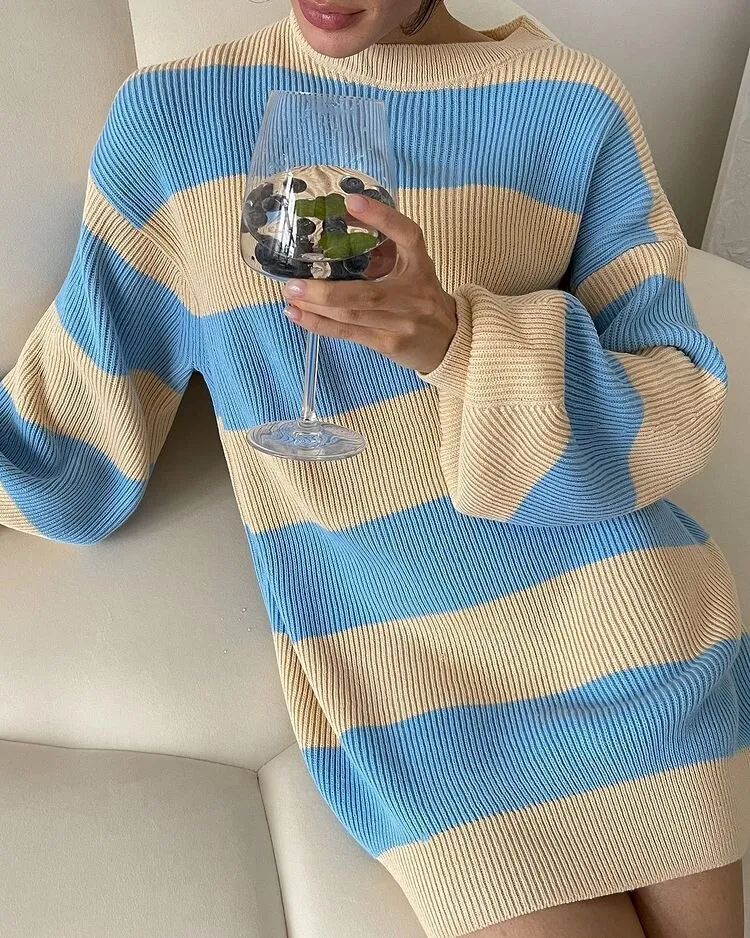 Joskaa Nsauye Casual Winter 2024 Autumn Club Pullover Knitted Women Sweater Jumpers Y2K Oversized Striped Loose Sexy Sweater Dress