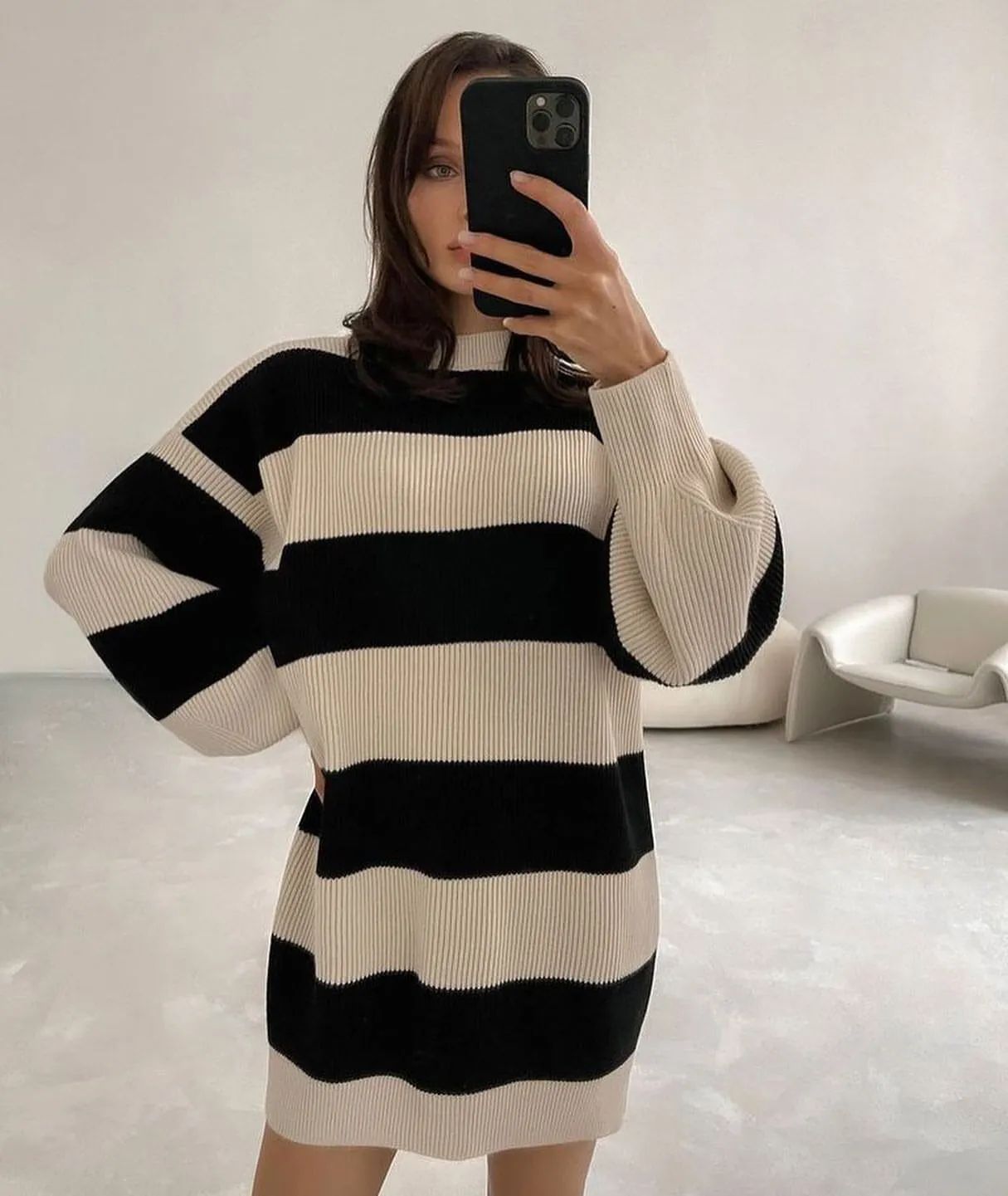 Joskaa Nsauye Casual Winter 2024 Autumn Club Pullover Knitted Women Sweater Jumpers Y2K Oversized Striped Loose Sexy Sweater Dress