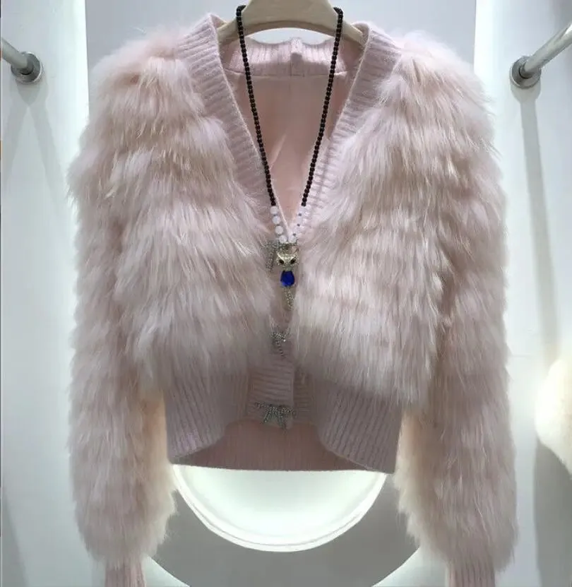 Knit knitted Genuine Fake raccoon fur coat jacket overcoat Rhinestone buttons winter warm fur coat