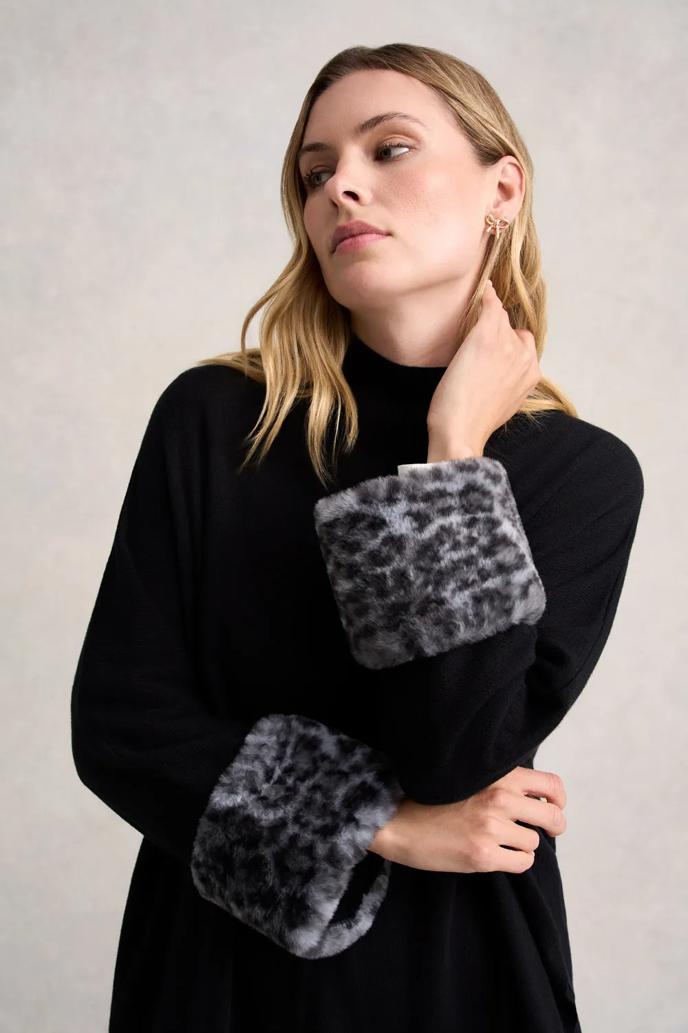 Leopard Faux Fur Trim Poncho