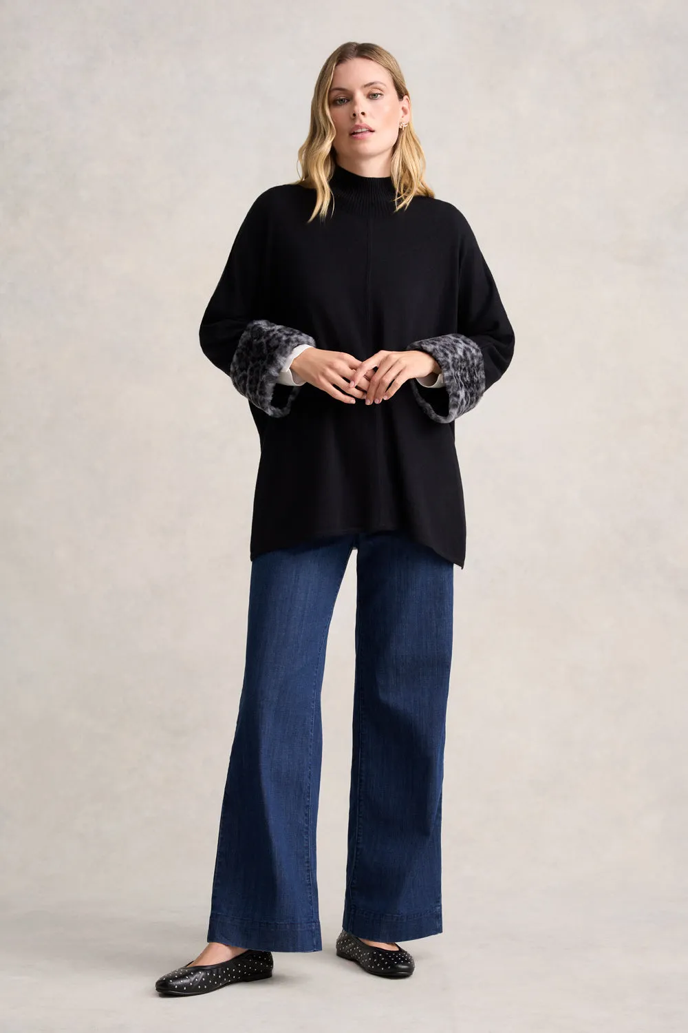 Leopard Faux Fur Trim Poncho