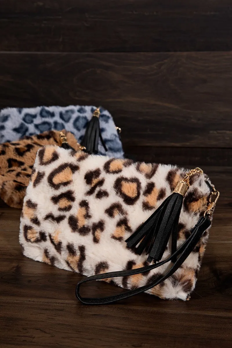 Leopard print faux fur with detachable wristlet pouch bag