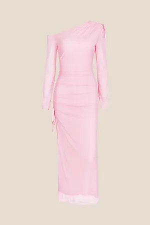 Long Sleeves Pink Ruched Long Dress with Slit