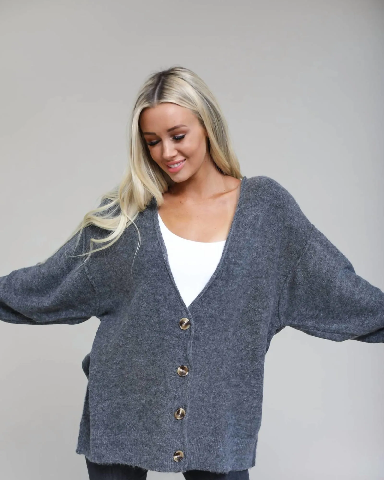 Melange Button Down Cardigan in Charcoal | Charcoal