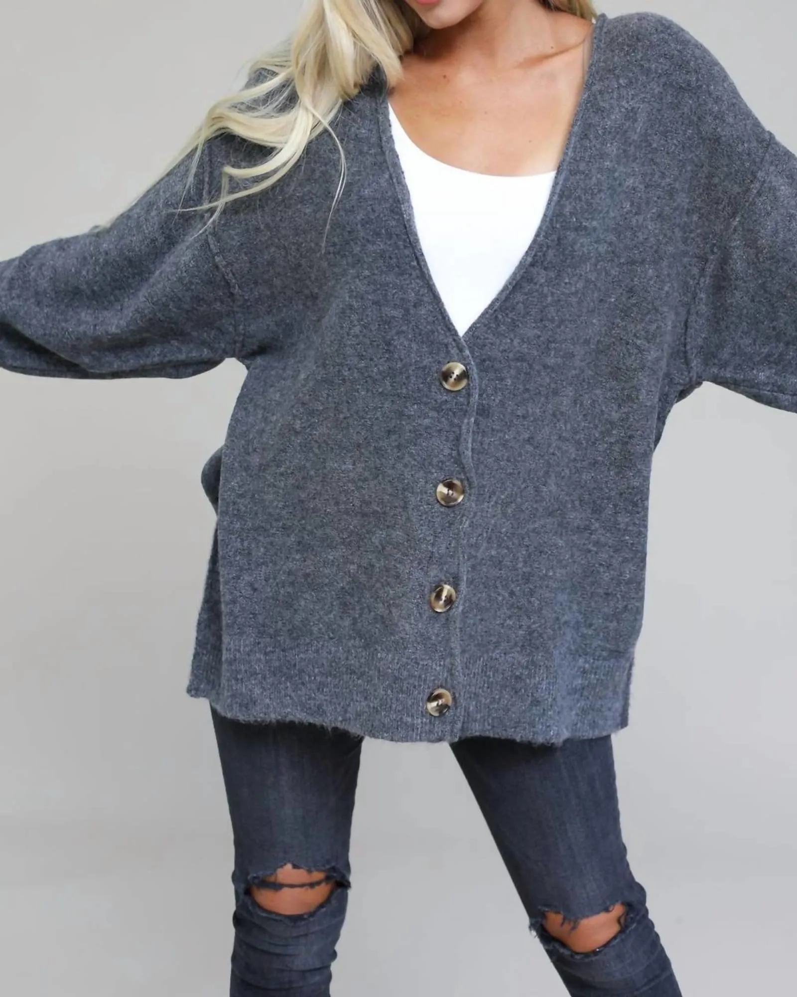 Melange Button Down Cardigan in Charcoal | Charcoal