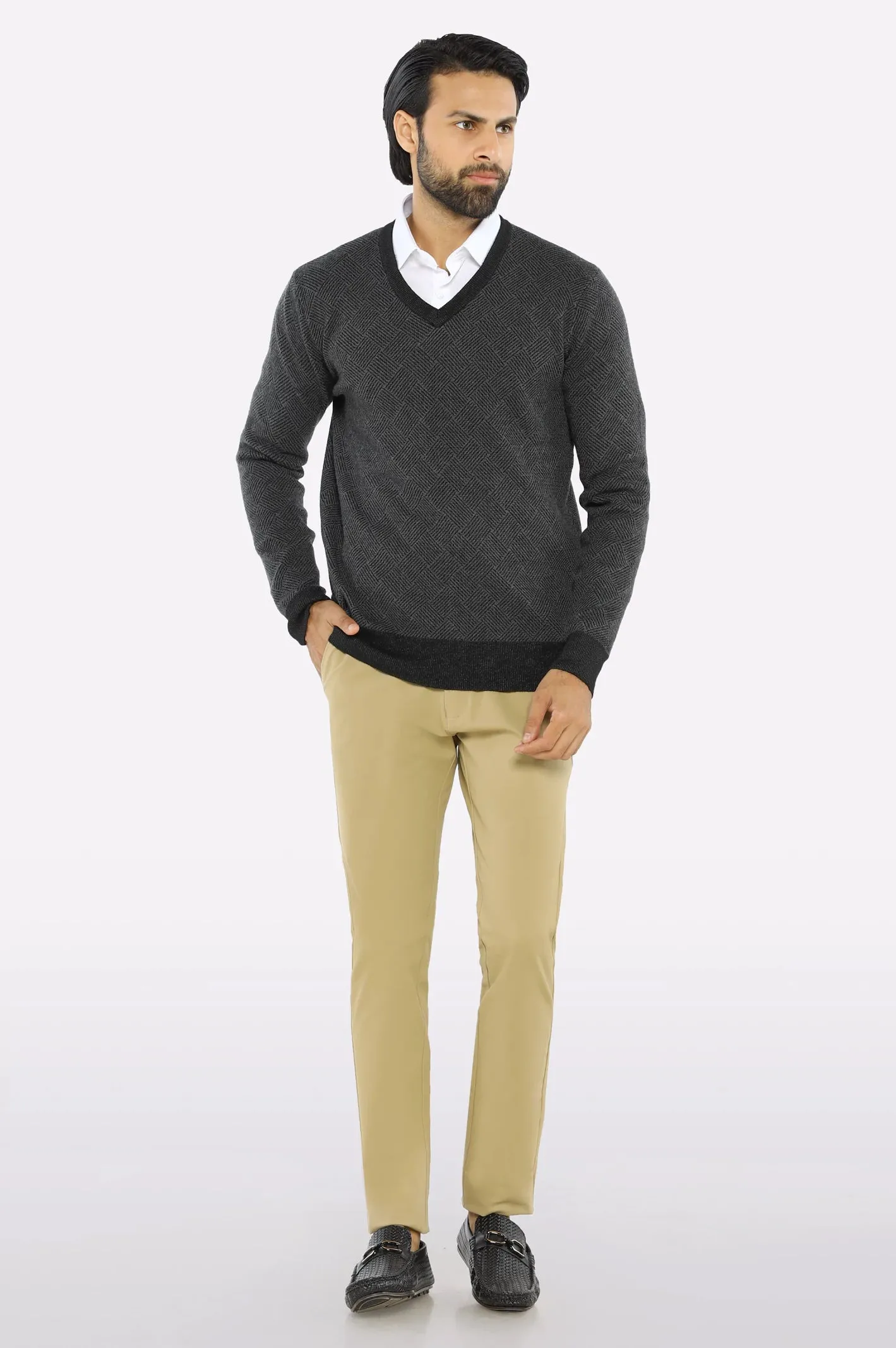 Men V-neck Grey Sleeves Sweater