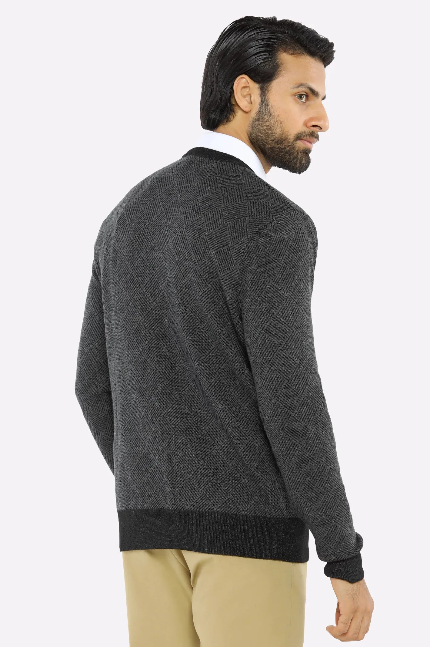 Men V-neck Grey Sleeves Sweater