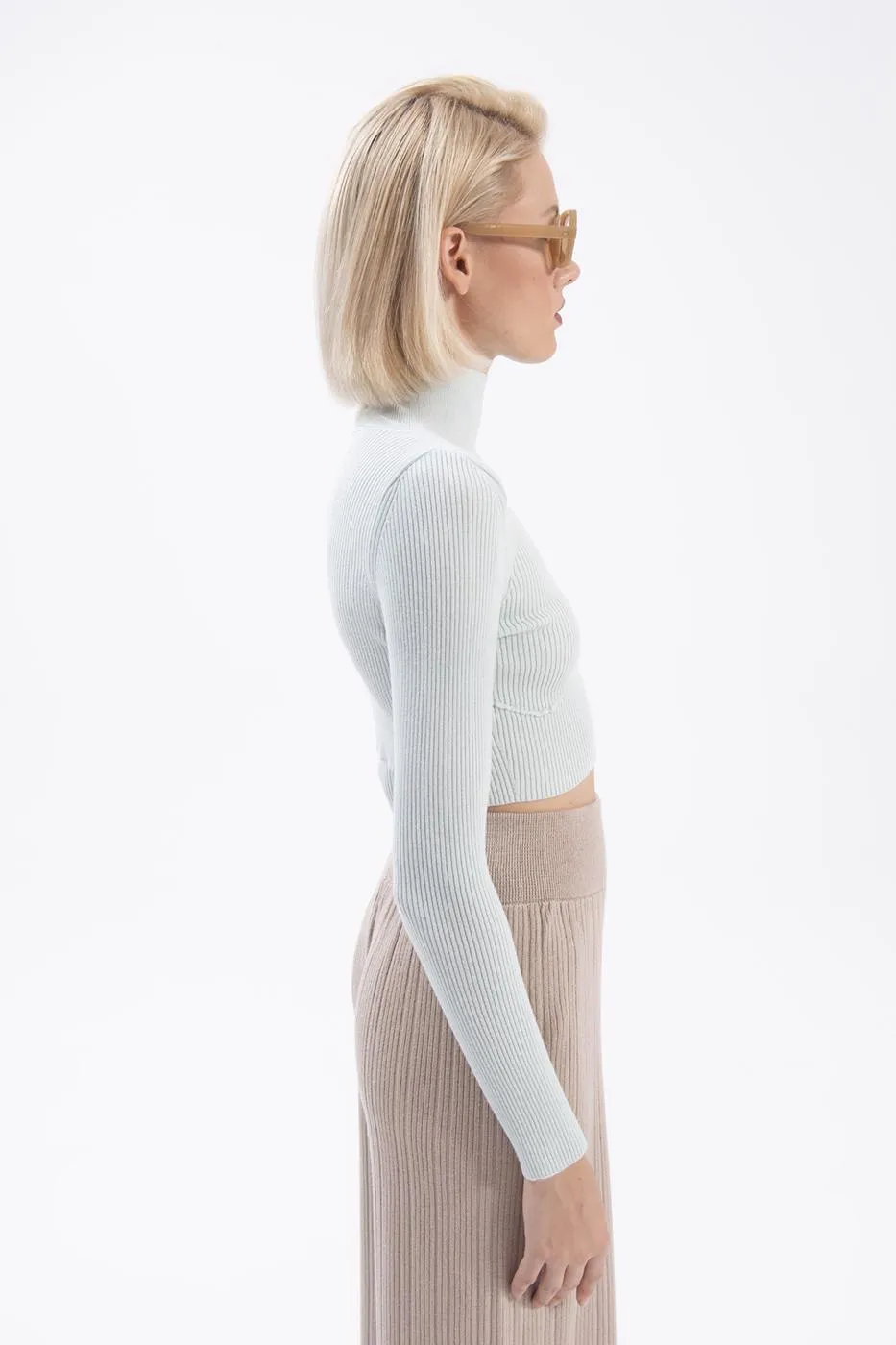 Mint Stand Collar Crop Knitted Blouse