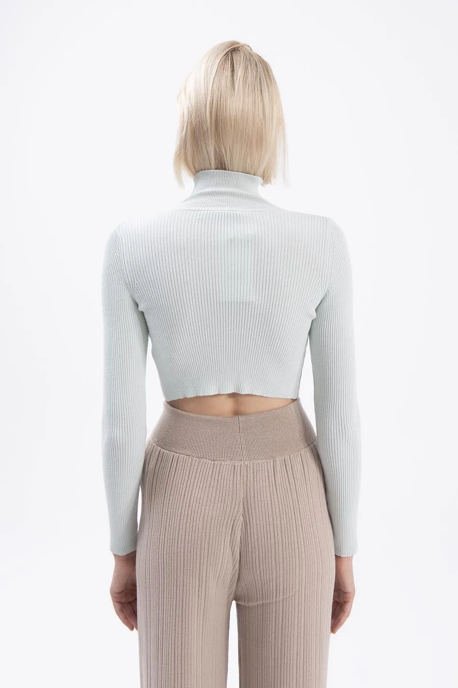 Mint Stand Collar Crop Knitted Blouse