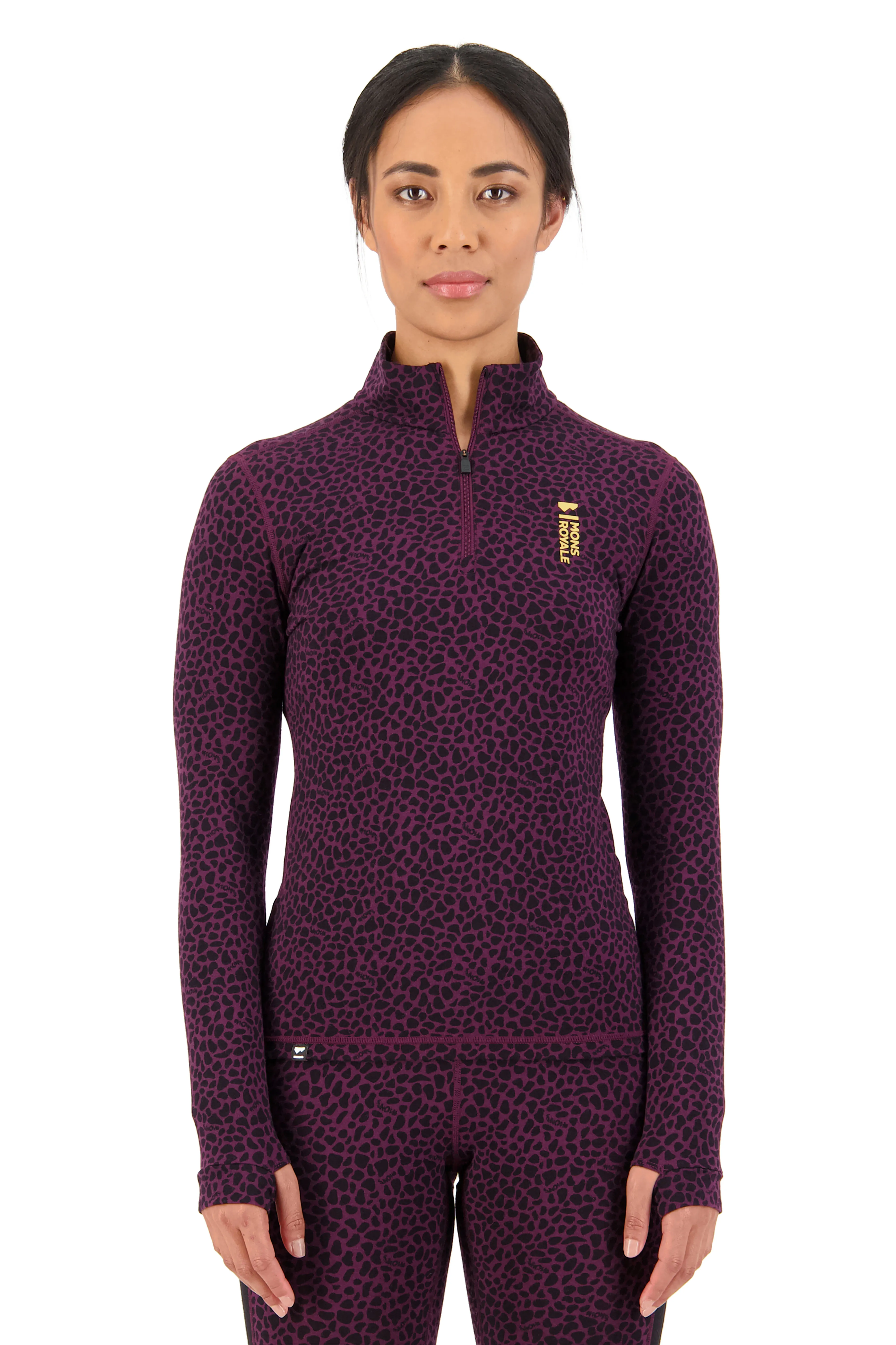 Mons Royale Women&#x27;s Cascade Merino Flex 200 1/4 Zip Winter Leopard | Buy Mons Royale Women&#x27;s Cascade Merino Flex 200 1/4 Zip Winter Leopard here | Outnorth