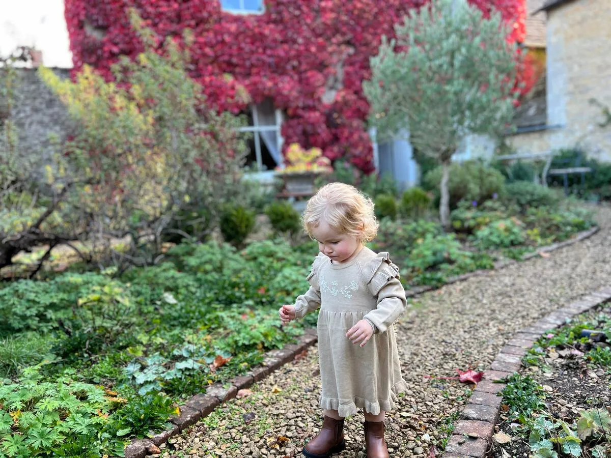 Oatmeal Embroidered Ruffle Sweater Dress
