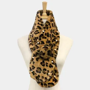Pearl Embellished Leopard Faux Fur Pom Pom Pull Through Scarf