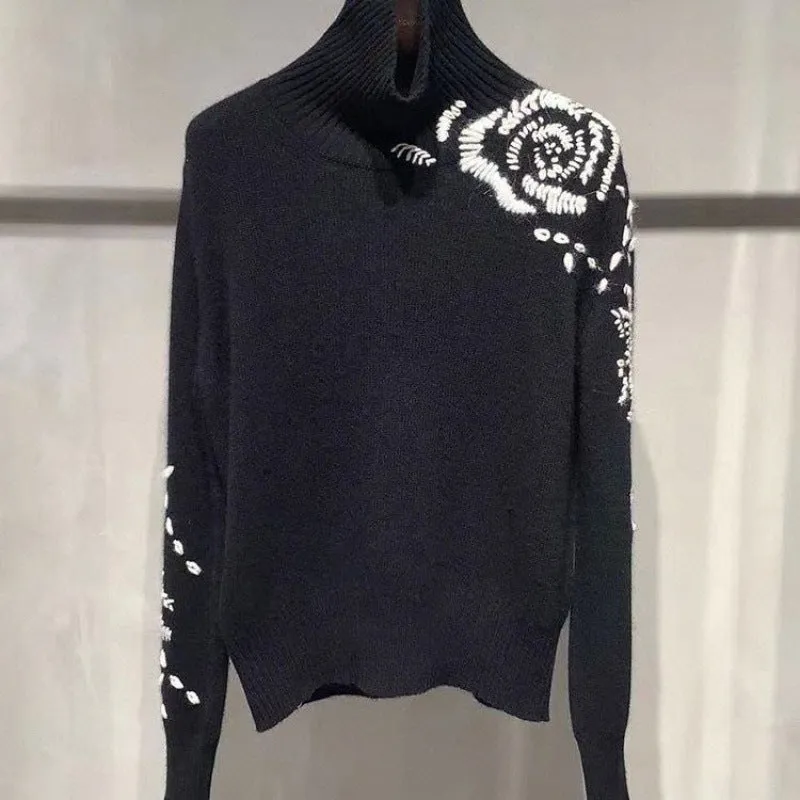 Pre Order: Rose Embroidery Turtleneck Sweater