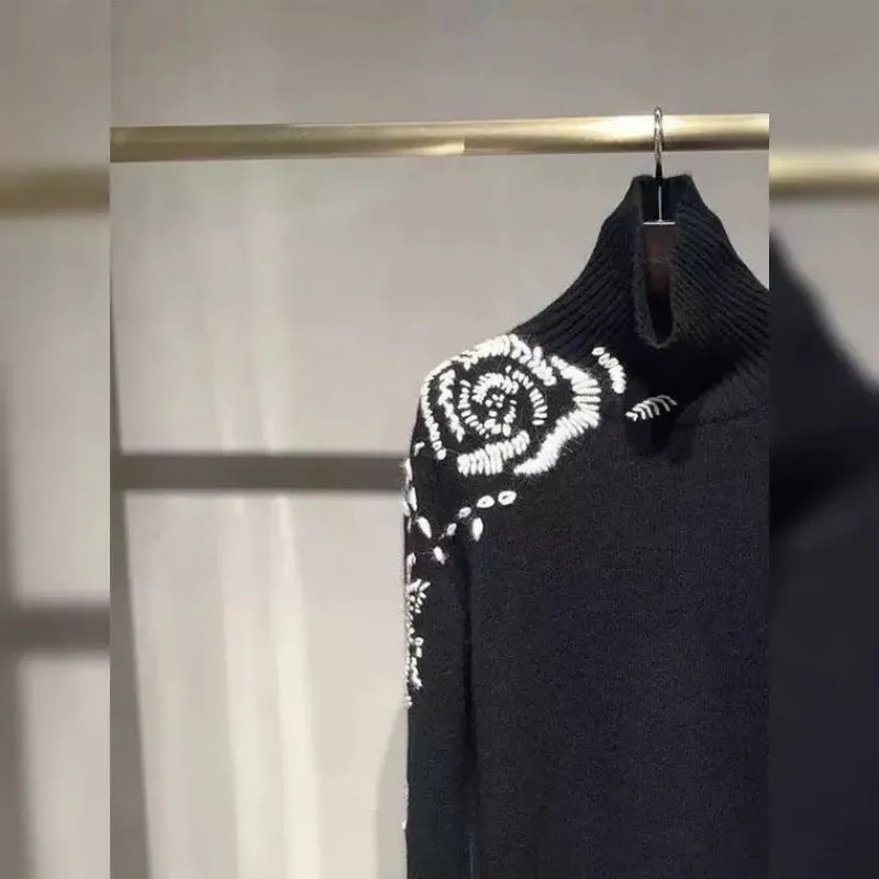 Pre Order: Rose Embroidery Turtleneck Sweater