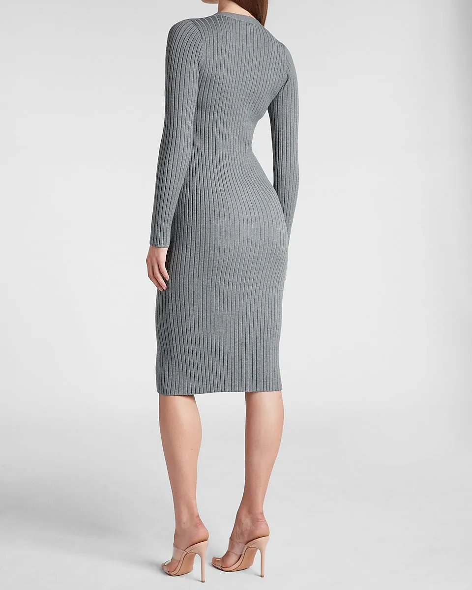 Ribbed Jewel Button Front Midi Sweater Dress in New Medium Heather