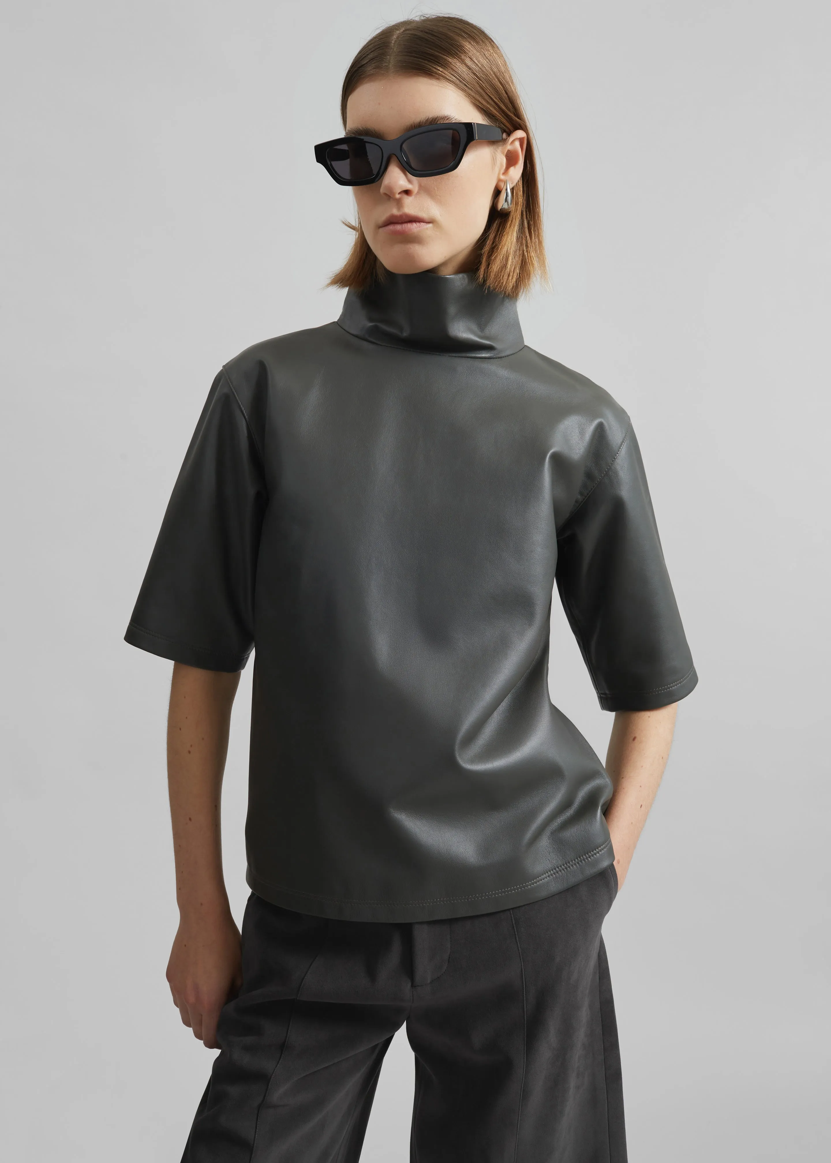 Shiloh Leather Mock Neck Top - Khaki
