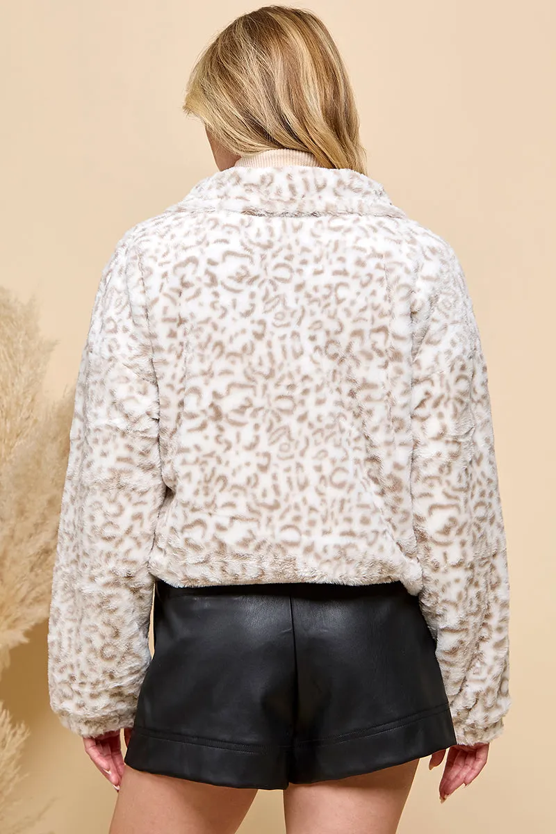 SOFT FUR  LEOPARD CASUAL LONG SLEEVE ZIP UP